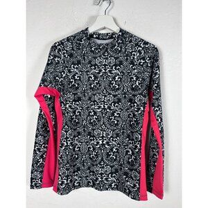 EQ Swim Wear Womens Black Floral Pink Trim Mock Neck Athletic Swim Top Medium
